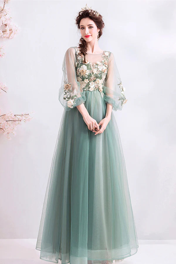 Green Scoop Neckline Lace Evening Dress A-Line Long Sleeve Prom Dress