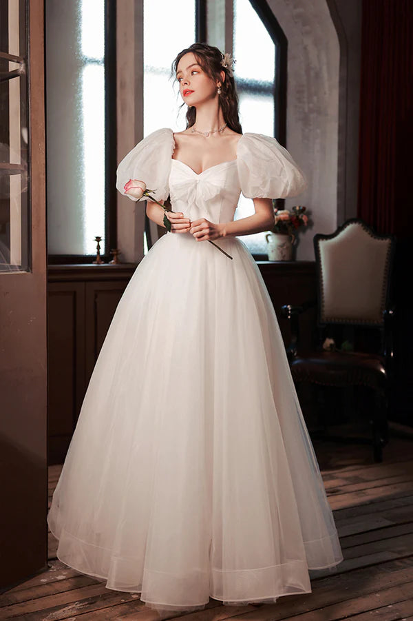 White Tulle Long Prom Dress Lovely A-Line Puff Sleeve Evening Dress