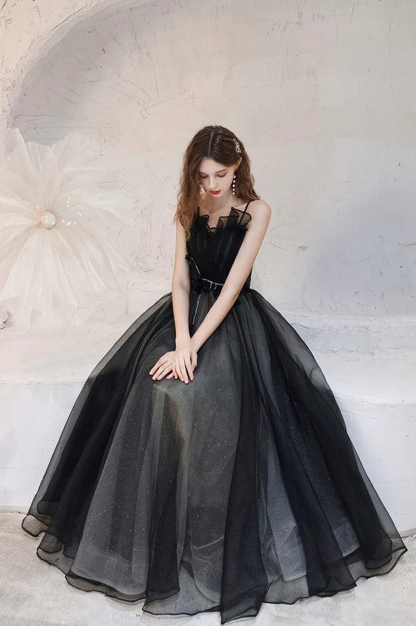 Black Tulle Long A-Line Prom Dress A-Line Spaghetti Strap Evening Party Dress