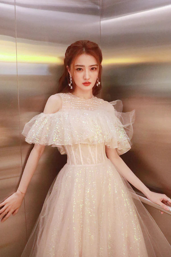 Cute Tulle Long Prom Dress Shiny A-Line Evening Graduation Dress