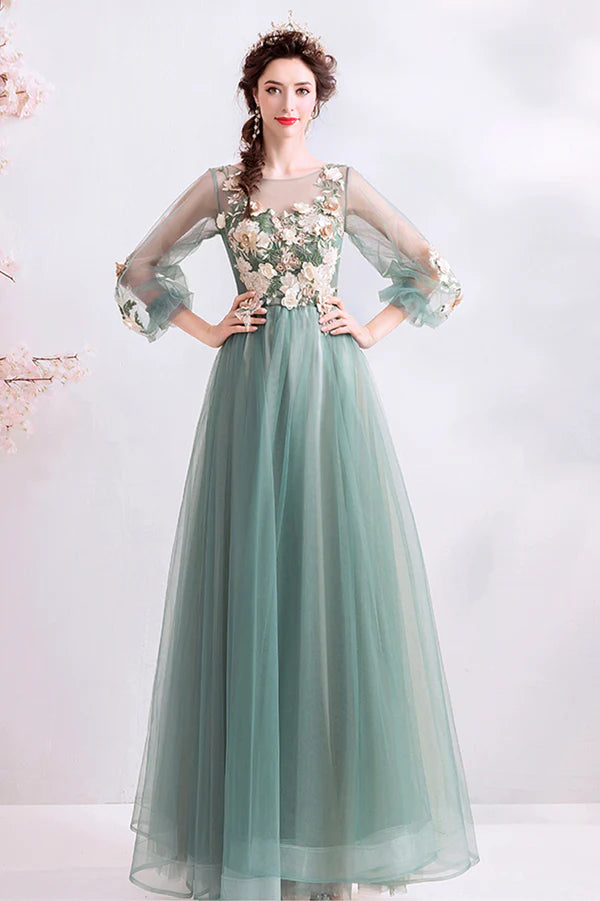 Green Scoop Neckline Lace Evening Dress A-Line Long Sleeve Prom Dress