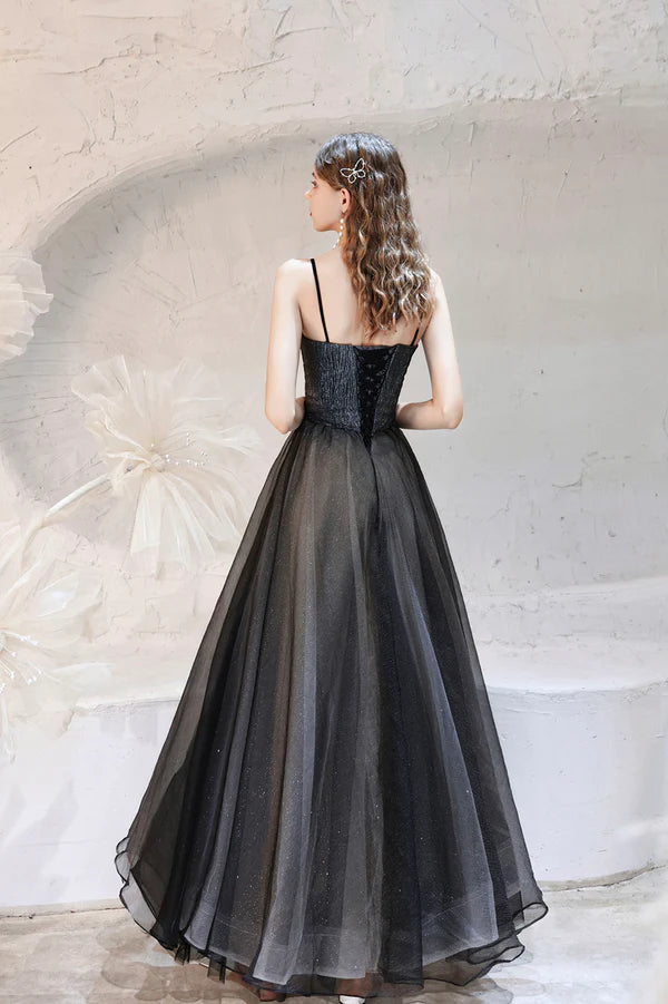 Black Tulle Long A-Line Prom Dress A-Line Spaghetti Strap Evening Party Dress