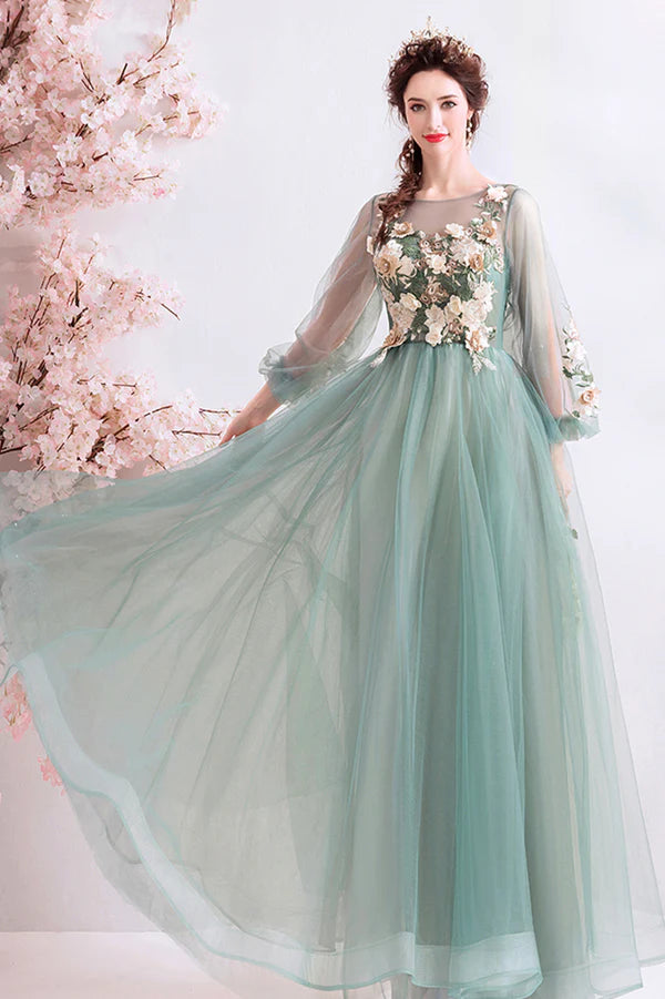 Green Scoop Neckline Lace Evening Dress A-Line Long Sleeve Prom Dress