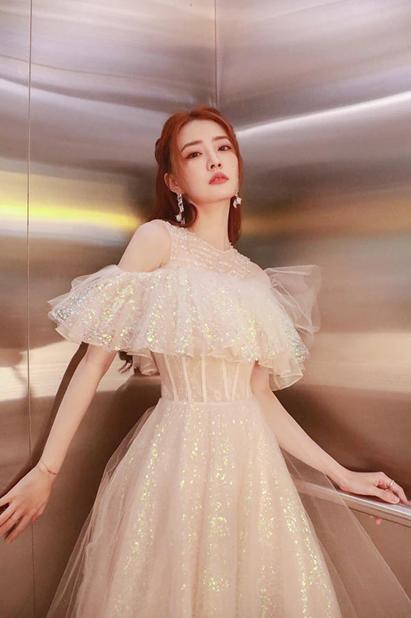 Cute Tulle Long Prom Dress Shiny A-Line Evening Graduation Dress