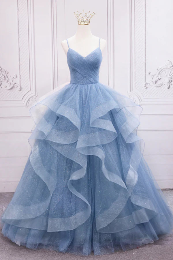 Blue Tulle Layers Long Formal Dress Blue Tulle with Straps Party Dress