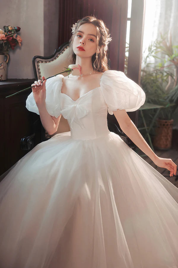 White Tulle Long Prom Dress Lovely A-Line Puff Sleeve Evening Dress