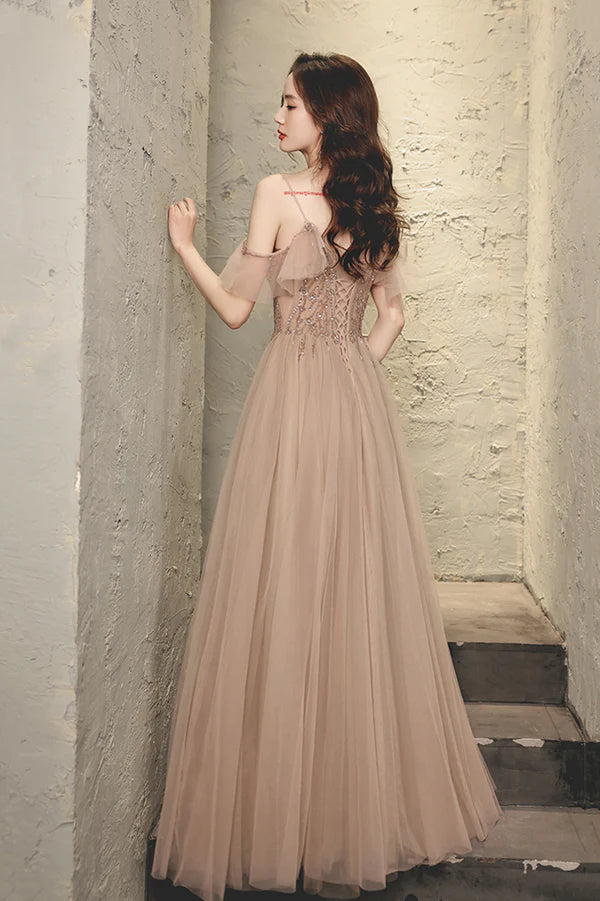 A-Line Tulle Long Prom Dress with Beaded V-Neck Spaghetti Straps Evening Dress