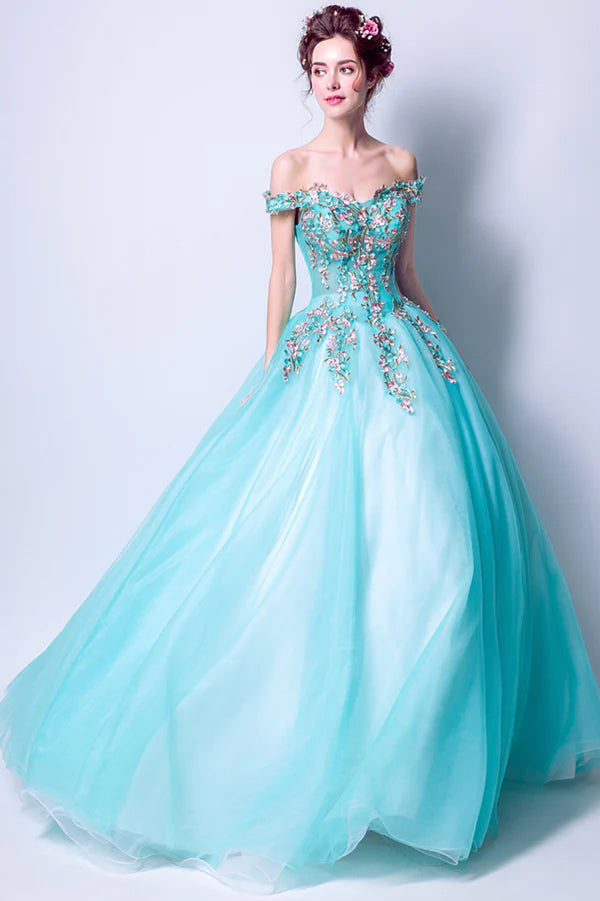 Blue Tulle Long A-Line Prom Dress with Lace Off the Shoulder Evening Dress