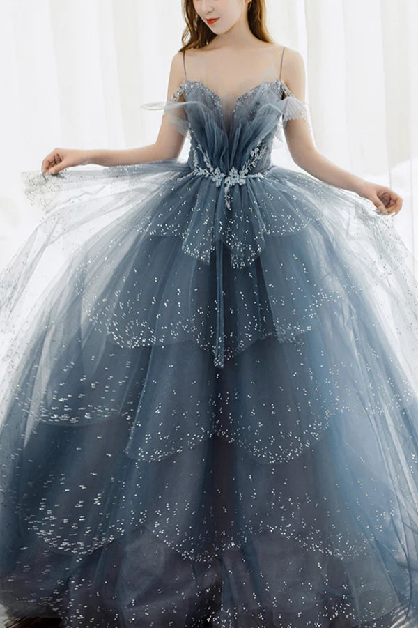 Blue Tulle Beaded Long A-Line Prom Dress Blue Formal Evening Gown