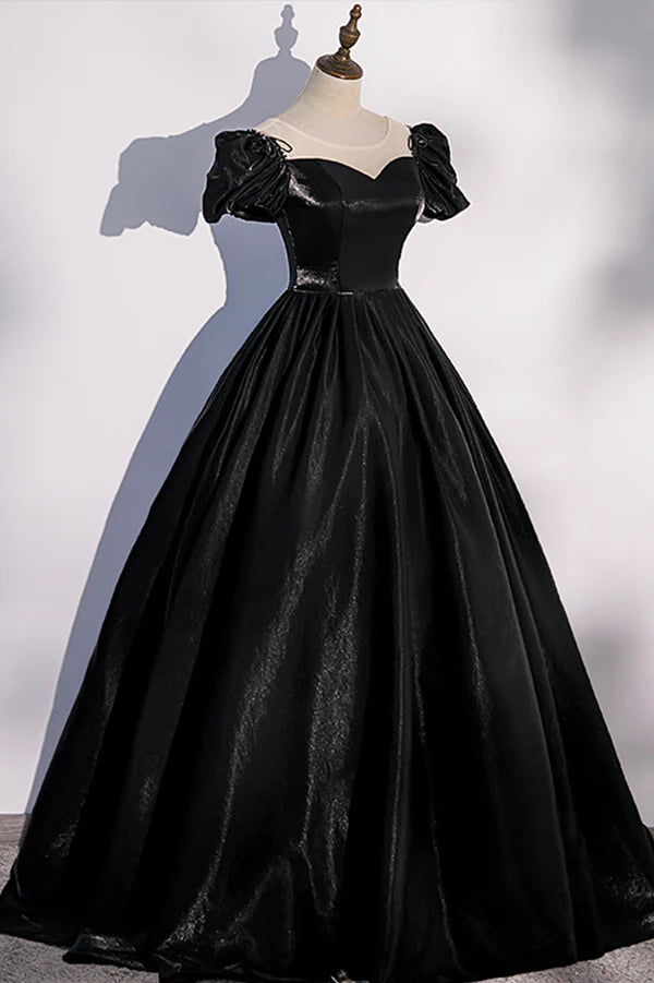 Black Satin Long Prom Dress Black A-Line Short Sleeve Evening Dress