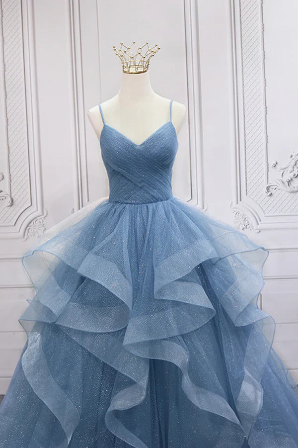 Blue Tulle Layers Long Formal Dress Blue Tulle with Straps Party Dress
