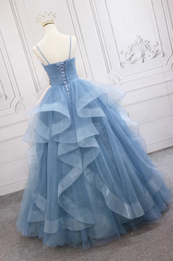 Blue Tulle Layers Long Formal Dress Blue Tulle with Straps Party Dress