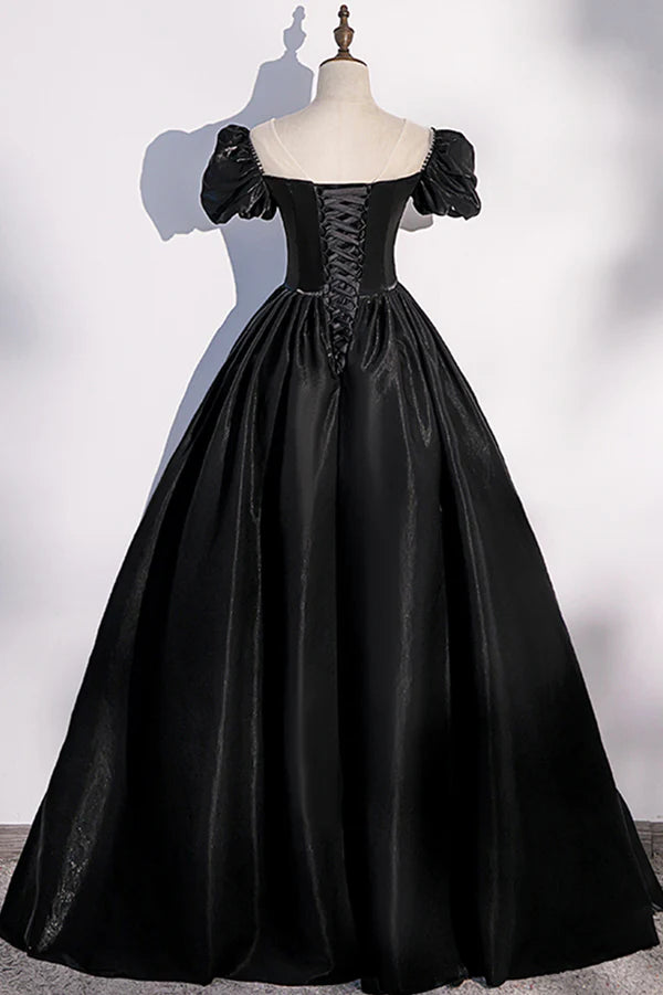 Black Satin Long Prom Dress Black A-Line Short Sleeve Evening Dress