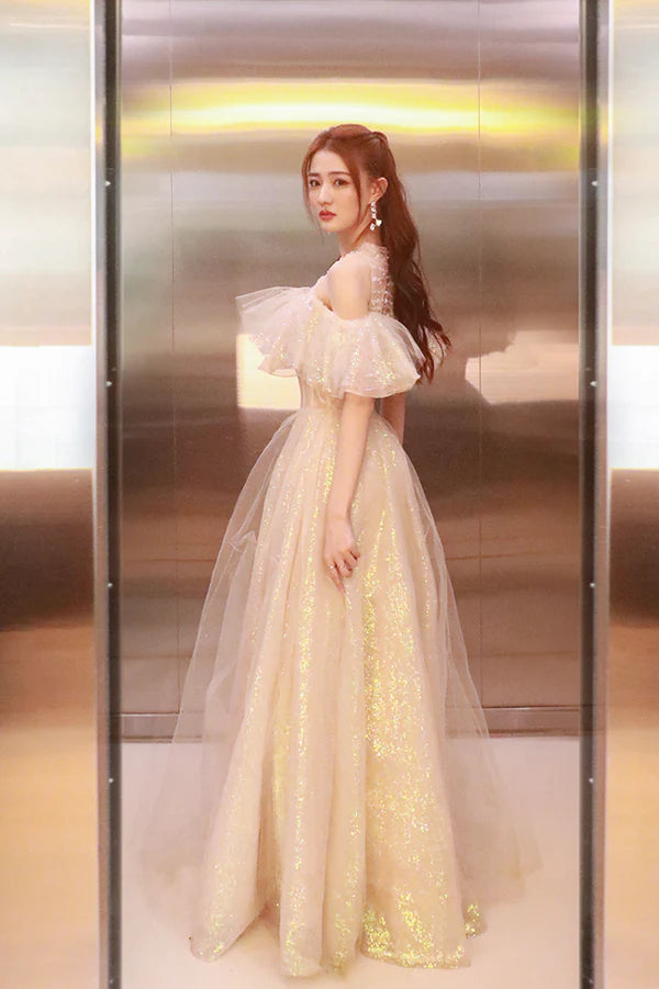 Cute Tulle Long Prom Dress Shiny A-Line Evening Graduation Dress