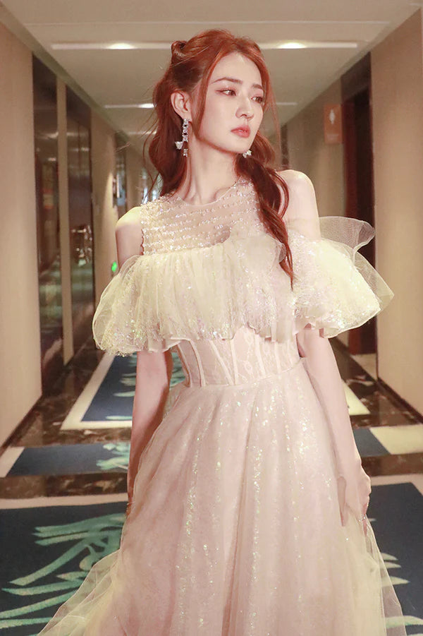 Cute Tulle Long Prom Dress Shiny A-Line Evening Graduation Dress