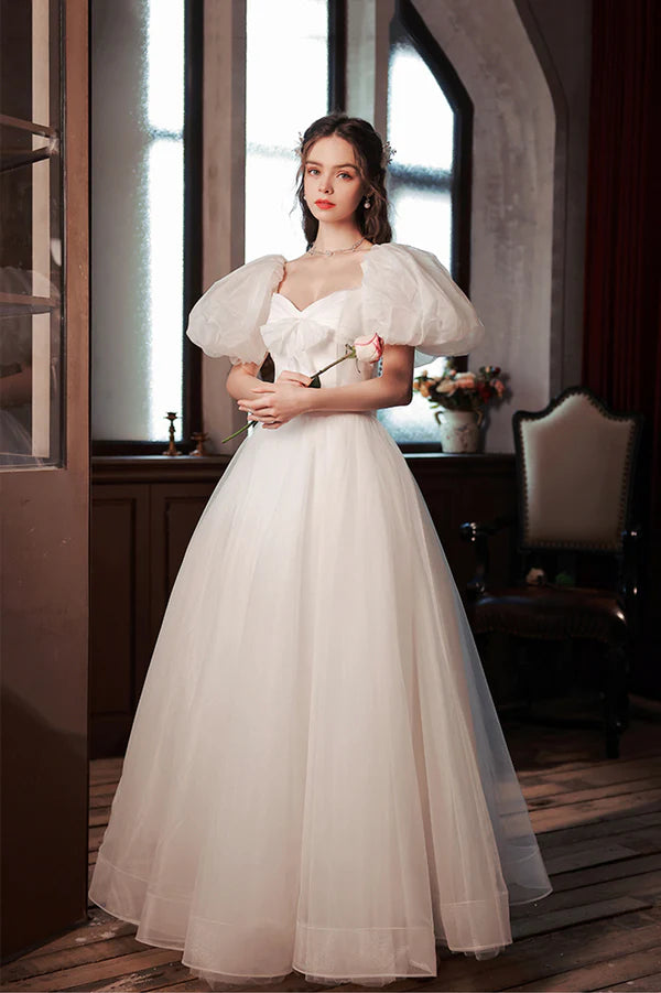 White Tulle Long Prom Dress Lovely A-Line Puff Sleeve Evening Dress