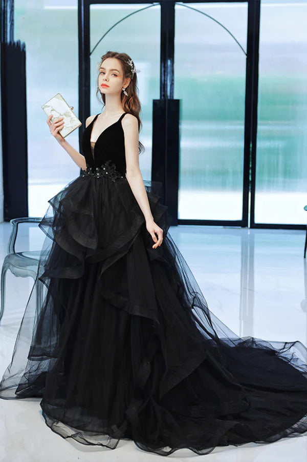 Black V-Neck Tulle Long Prom Dress Black Graduation Dress with Lace