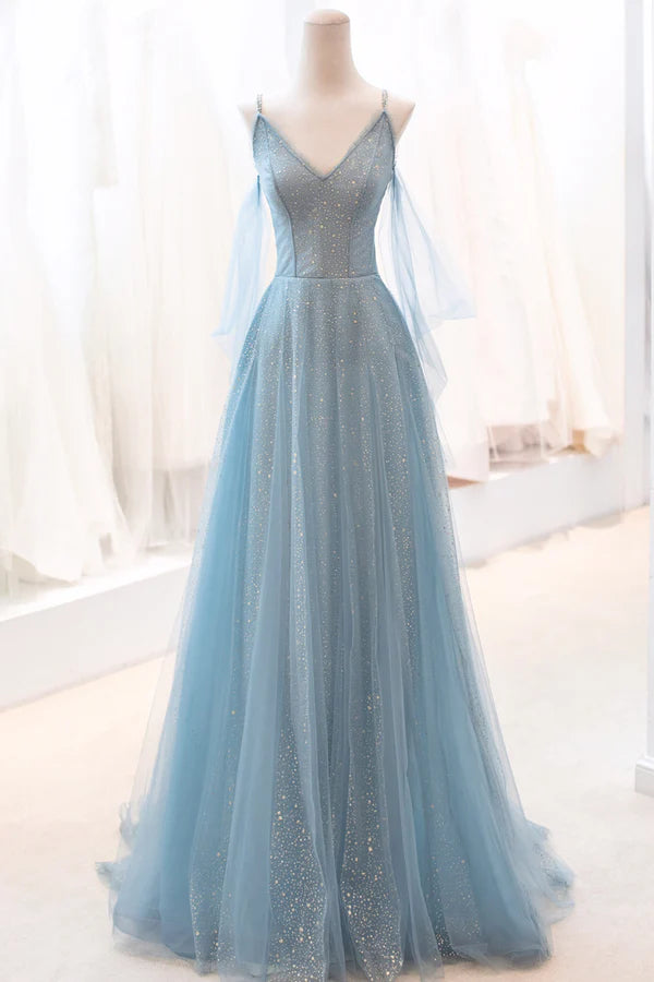 Blue V-Neck Tulle Long Prom Dress A-Line Spaghetti Strap Evening Dress