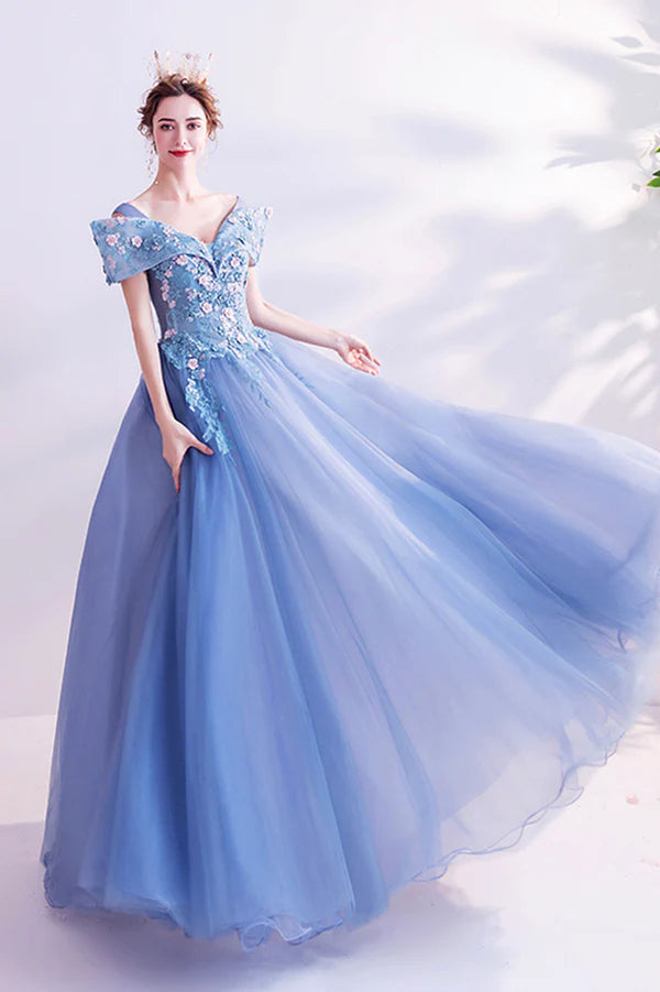 Blue Lace Off the Shoulder Prom Dress A-Line Evening Graduation Dress