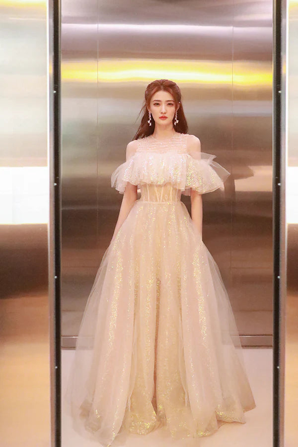 Cute Tulle Long Prom Dress Shiny A-Line Evening Graduation Dress