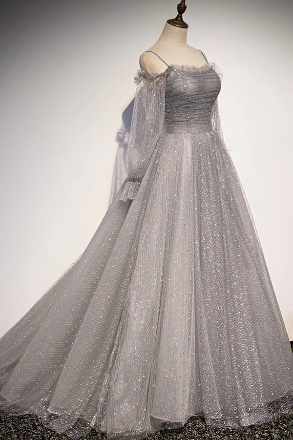Gray Tulle Long Sleeve A-Line Prom Dress Spaghetti Straps Formal Evening Dress