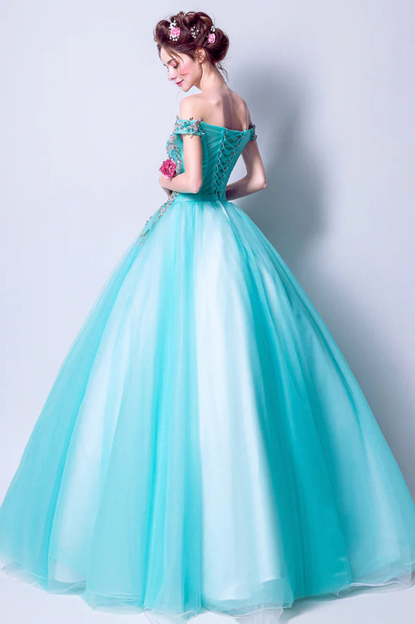 Blue Tulle Long A-Line Prom Dress with Lace Off the Shoulder Evening Dress