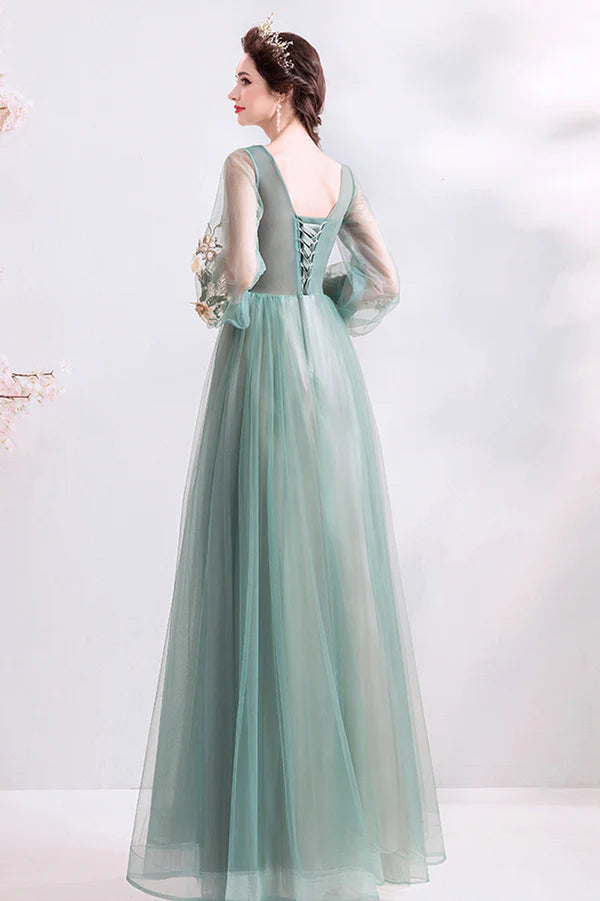 Green Scoop Neckline Lace Evening Dress A-Line Long Sleeve Prom Dress