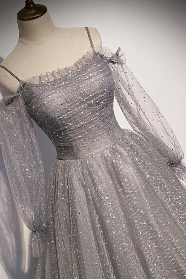 Gray Tulle Long Sleeve A-Line Prom Dress Spaghetti Straps Formal Evening Dress