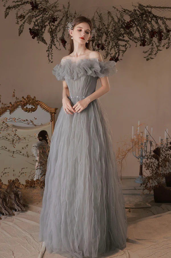 Gray Tulle Long A-Line Prom Dress Off the Shoulder Formal Evening Dress