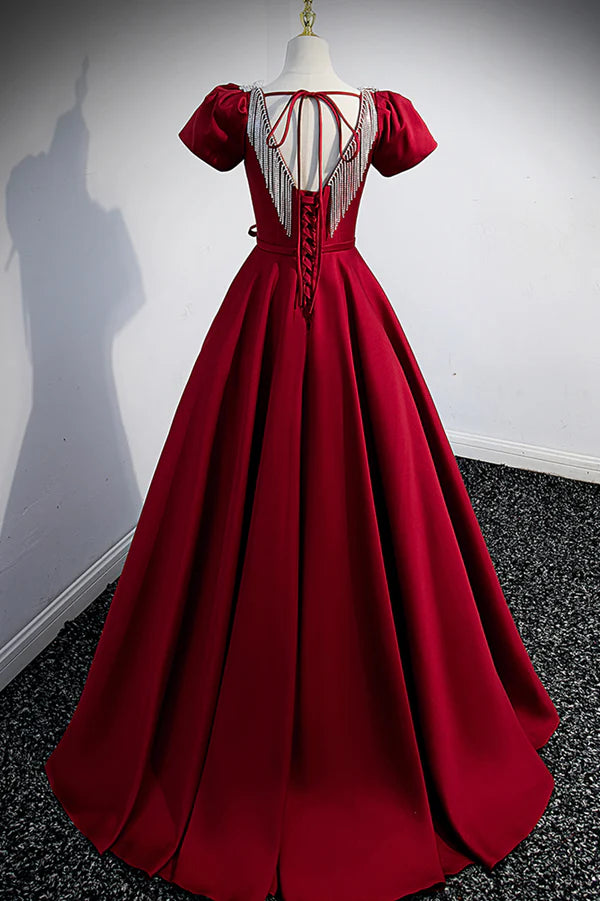 Burgundy Scoop Neckline Satin Long Prom Dress Short Sleeve Evening Dress