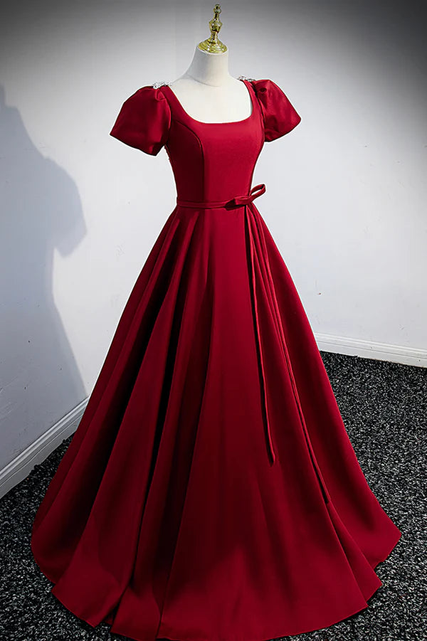 Burgundy Scoop Neckline Satin Long Prom Dress Short Sleeve Evening Dress
