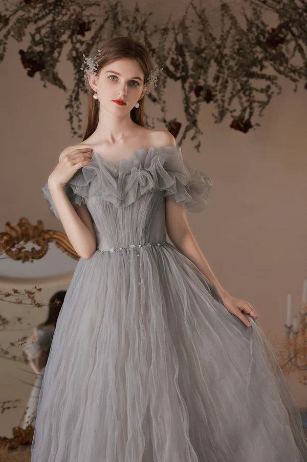 Gray Tulle Long A-Line Prom Dress Off the Shoulder Formal Evening Dress