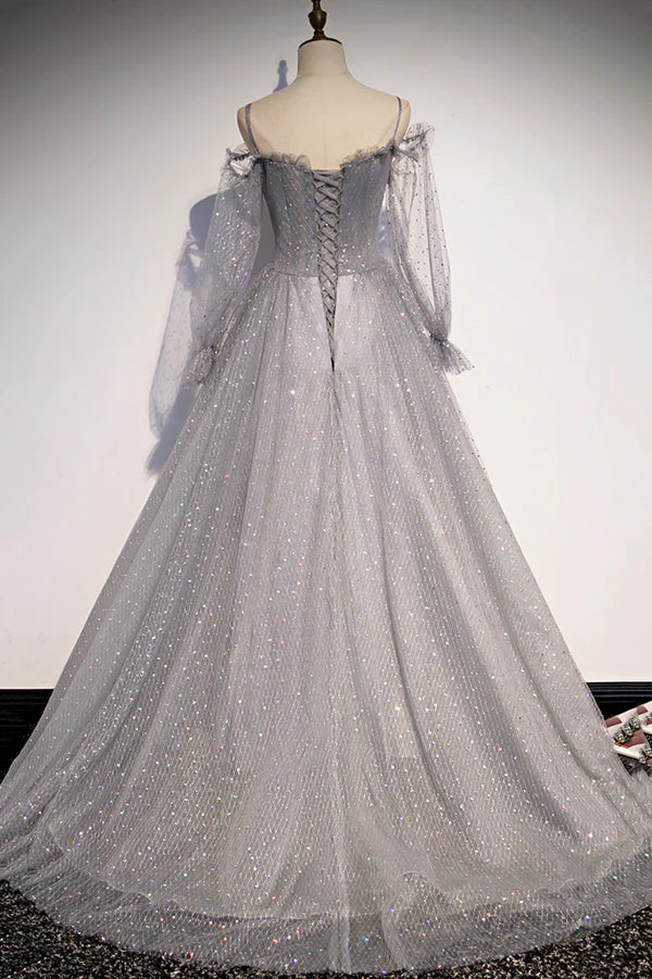 Gray Tulle Long Sleeve A-Line Prom Dress Spaghetti Straps Formal Evening Dress