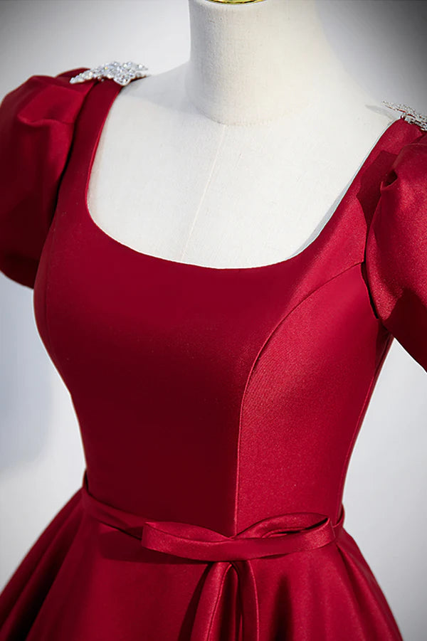 Burgundy Scoop Neckline Satin Long Prom Dress Short Sleeve Evening Dress