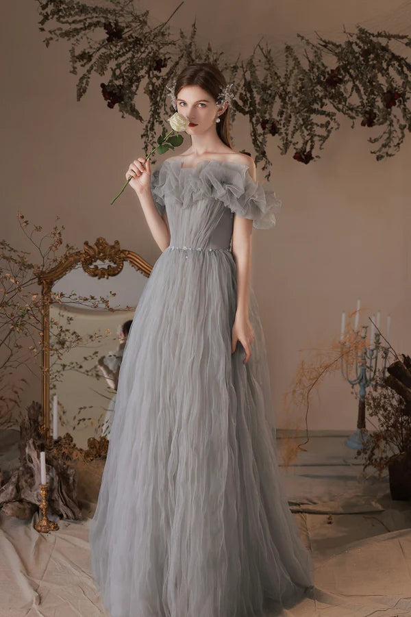 Gray Tulle Long A-Line Prom Dress Off the Shoulder Formal Evening Dress