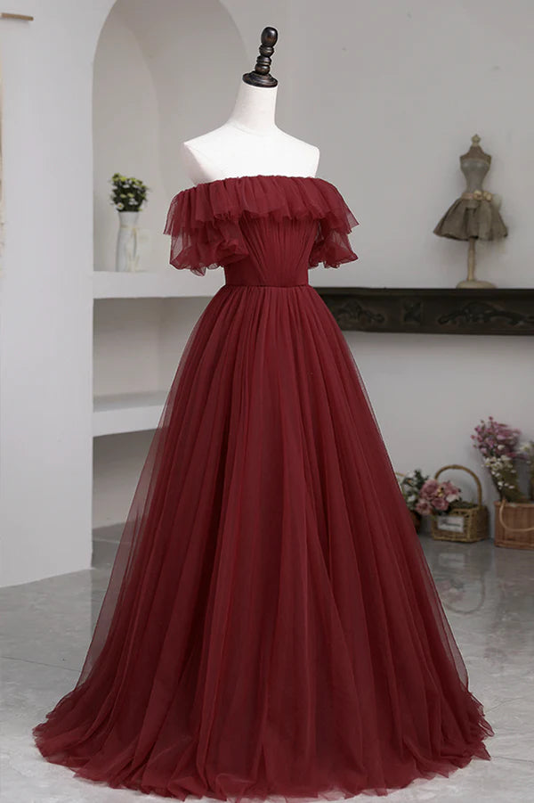 Burgundy Tulle Off the Shoulder Prom Dress Long A-Line Evening Dress