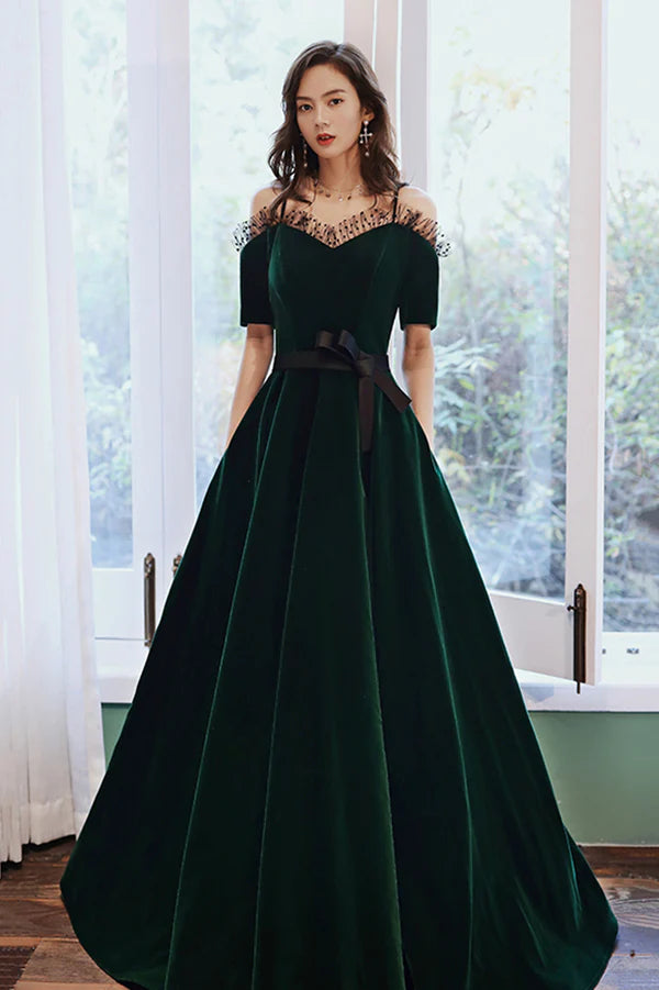 Green Velvet Long A-Line Prom Dress Green Off the Shoulder Graduation Dress