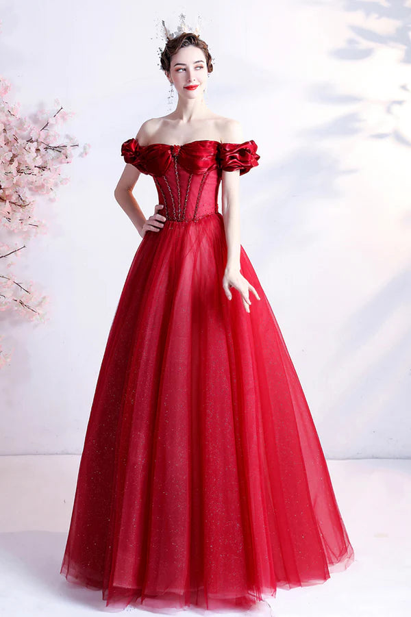 Red Tulle Off the Shoulder Long Prom Dress A-Line Graduation Dress
