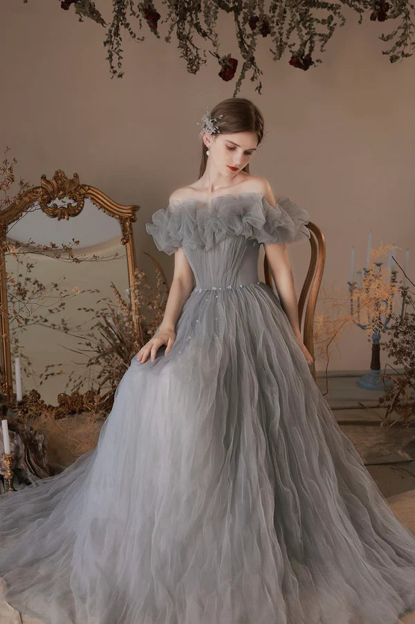 Gray Tulle Long A-Line Prom Dress Off the Shoulder Formal Evening Dress