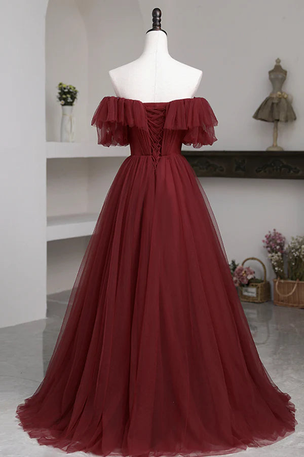 Burgundy Tulle Off the Shoulder Prom Dress Long A-Line Evening Dress