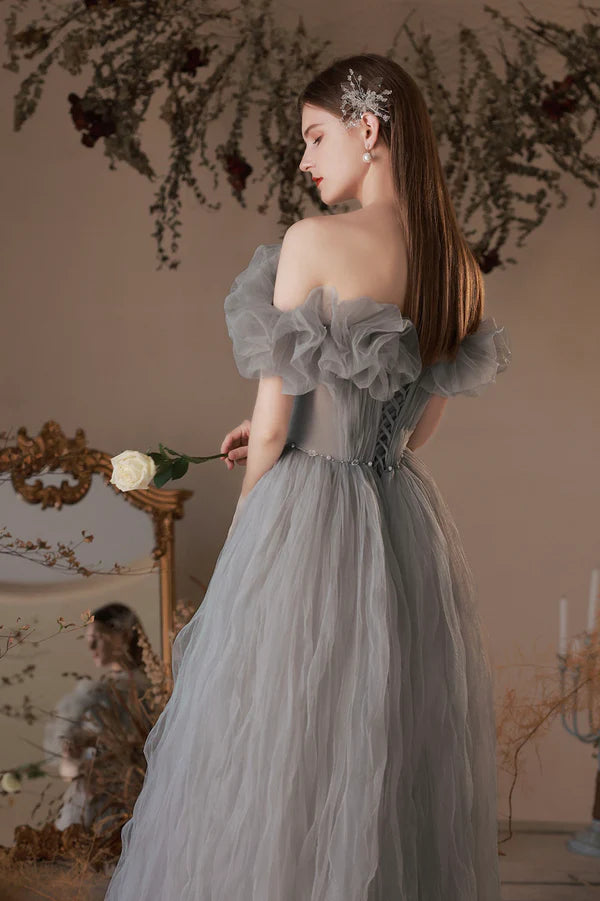 Gray Tulle Long A-Line Prom Dress Off the Shoulder Formal Evening Dress