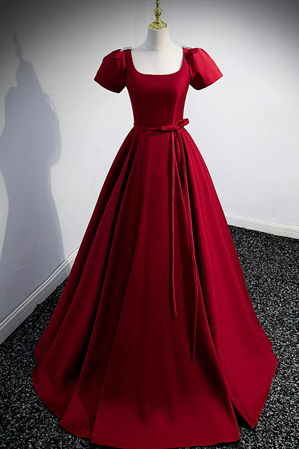 Burgundy Scoop Neckline Satin Long Prom Dress Short Sleeve Evening Dress