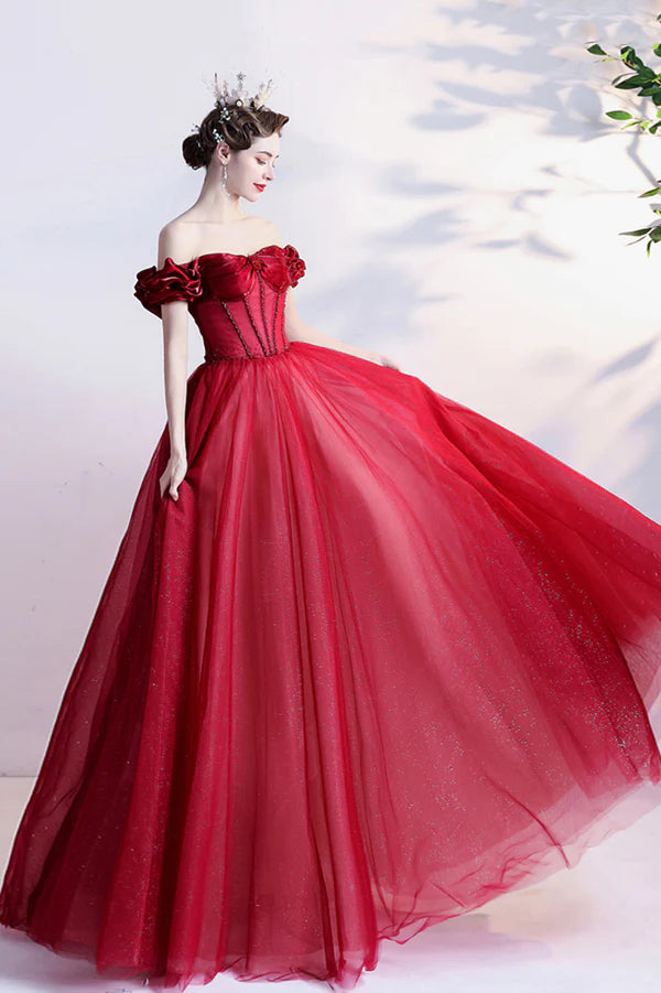 Red Tulle Off the Shoulder Long Prom Dress A-Line Graduation Dress