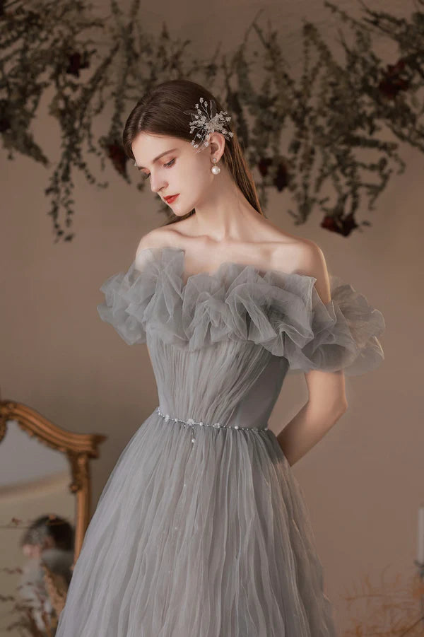 Gray Tulle Long A-Line Prom Dress Off the Shoulder Formal Evening Dress