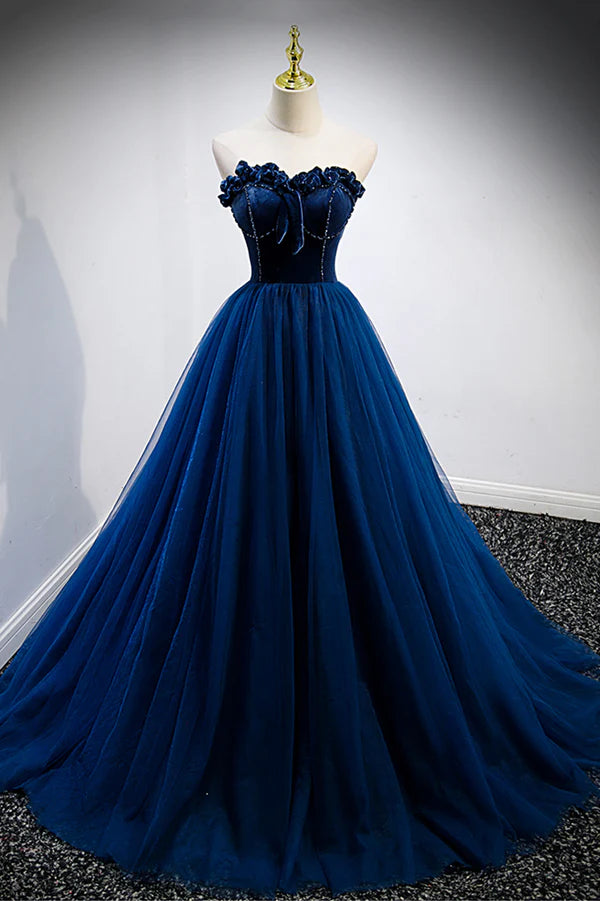 Blue Velvet Tulle Long A-Line Prom Dress Blue Strapless Formal Evening Dress
