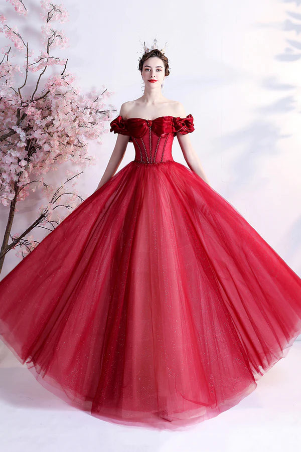 Red Tulle Off the Shoulder Long Prom Dress A-Line Graduation Dress