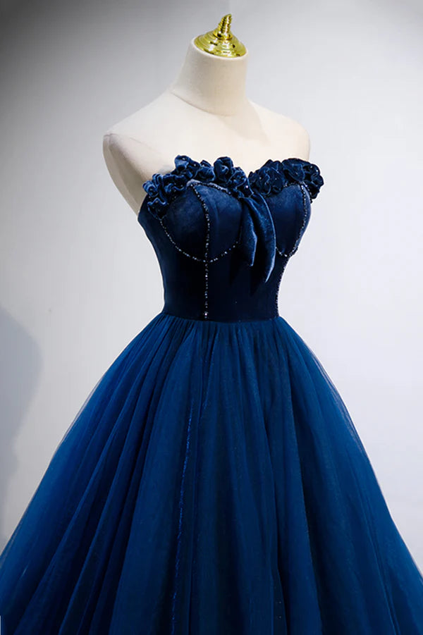 Blue Velvet Tulle Long A-Line Prom Dress Blue Strapless Formal Evening Dress