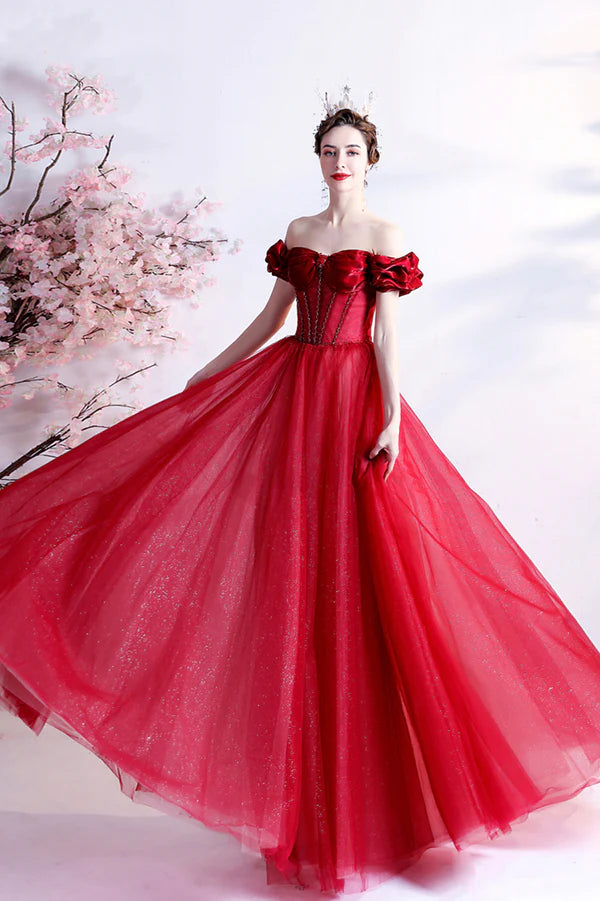 Red Tulle Off the Shoulder Long Prom Dress A-Line Graduation Dress