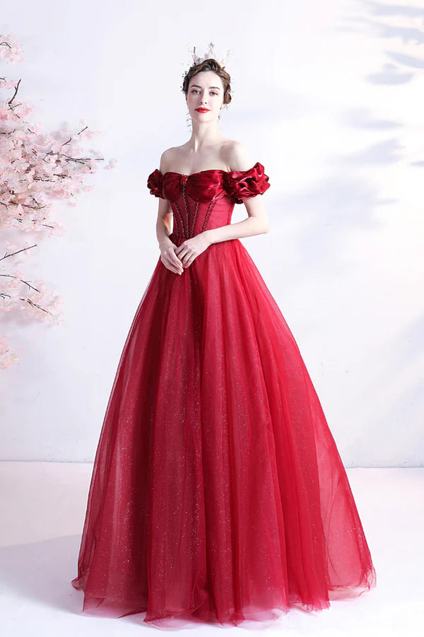 Red Tulle Off the Shoulder Long Prom Dress A-Line Graduation Dress