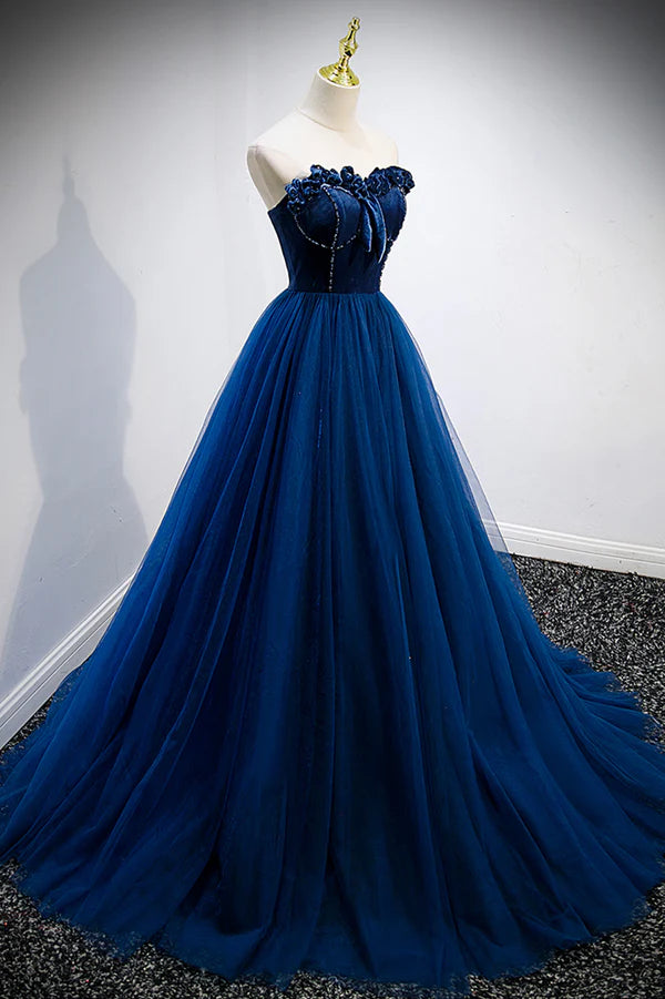 Blue Velvet Tulle Long A-Line Prom Dress Blue Strapless Formal Evening Dress
